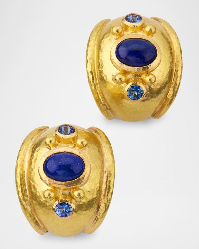 19K Yellow Gold Lapis Huggie Earrings